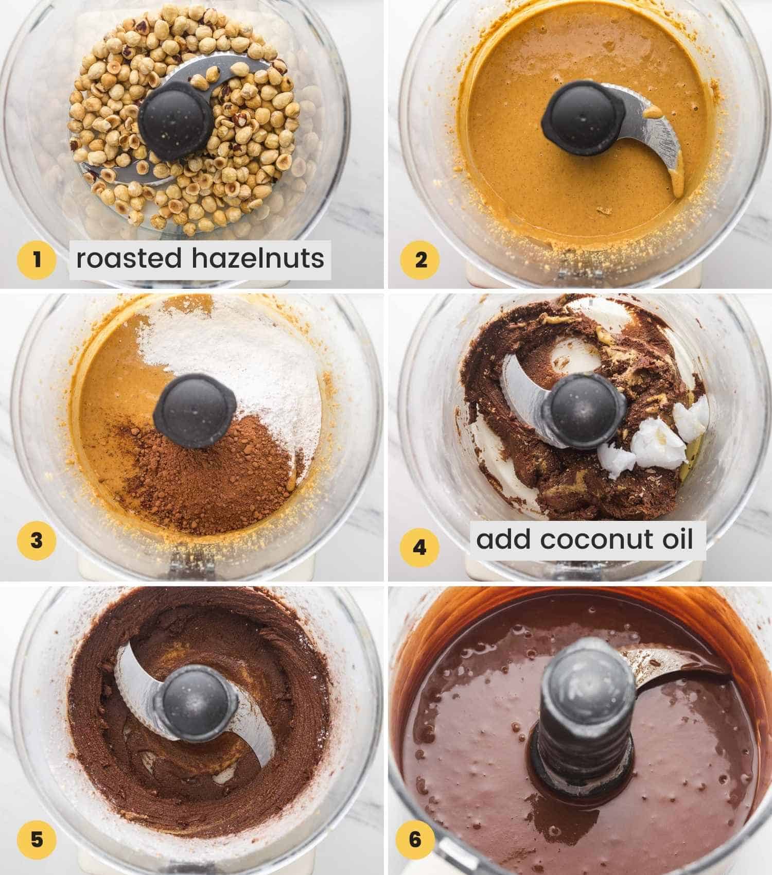 A collage with 6 images how to make homemade Nutella