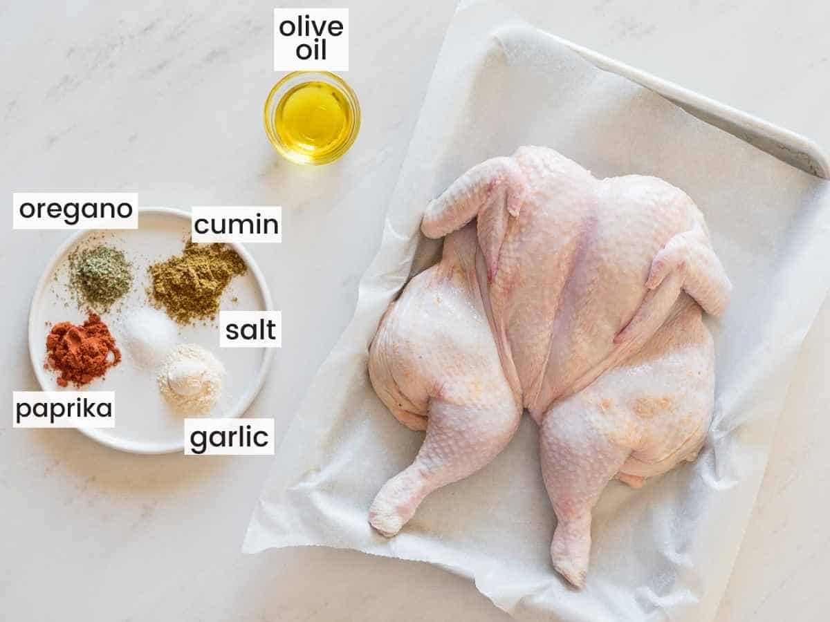 Ingredients needed to make a spatchcock grilled chicken, including a raw whole spatchcocked chicken, olive oil and seasonings.