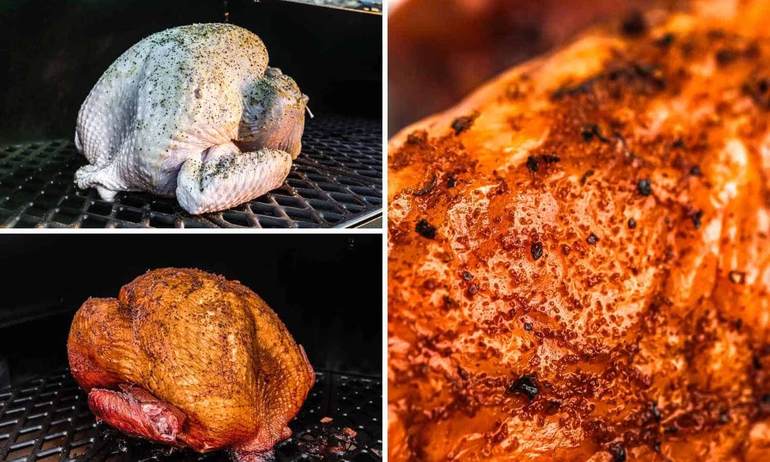 A collage of 3 images of turkey in the smoker