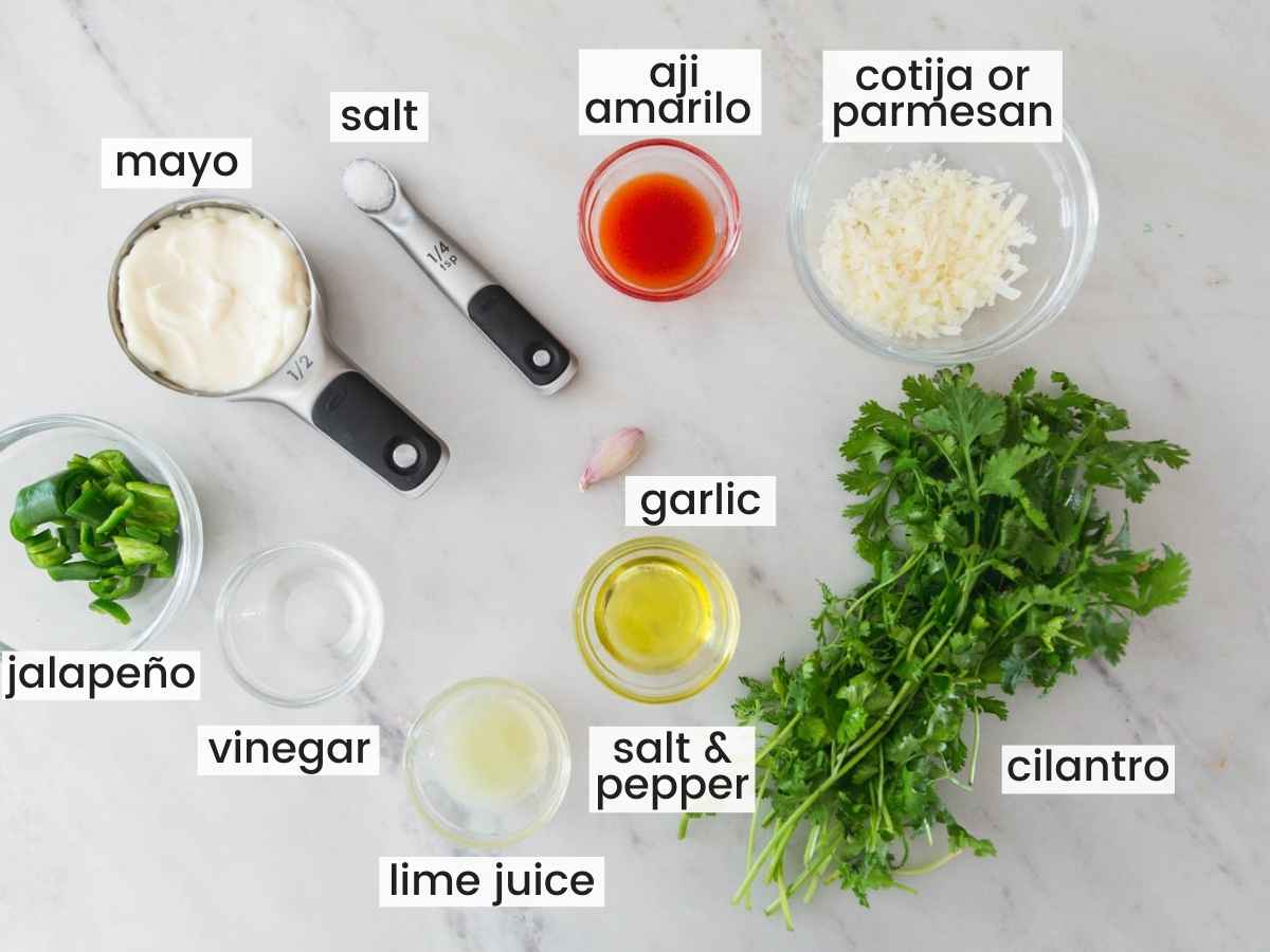 Ingredients needed to make aji verde Peruvian green sauce
