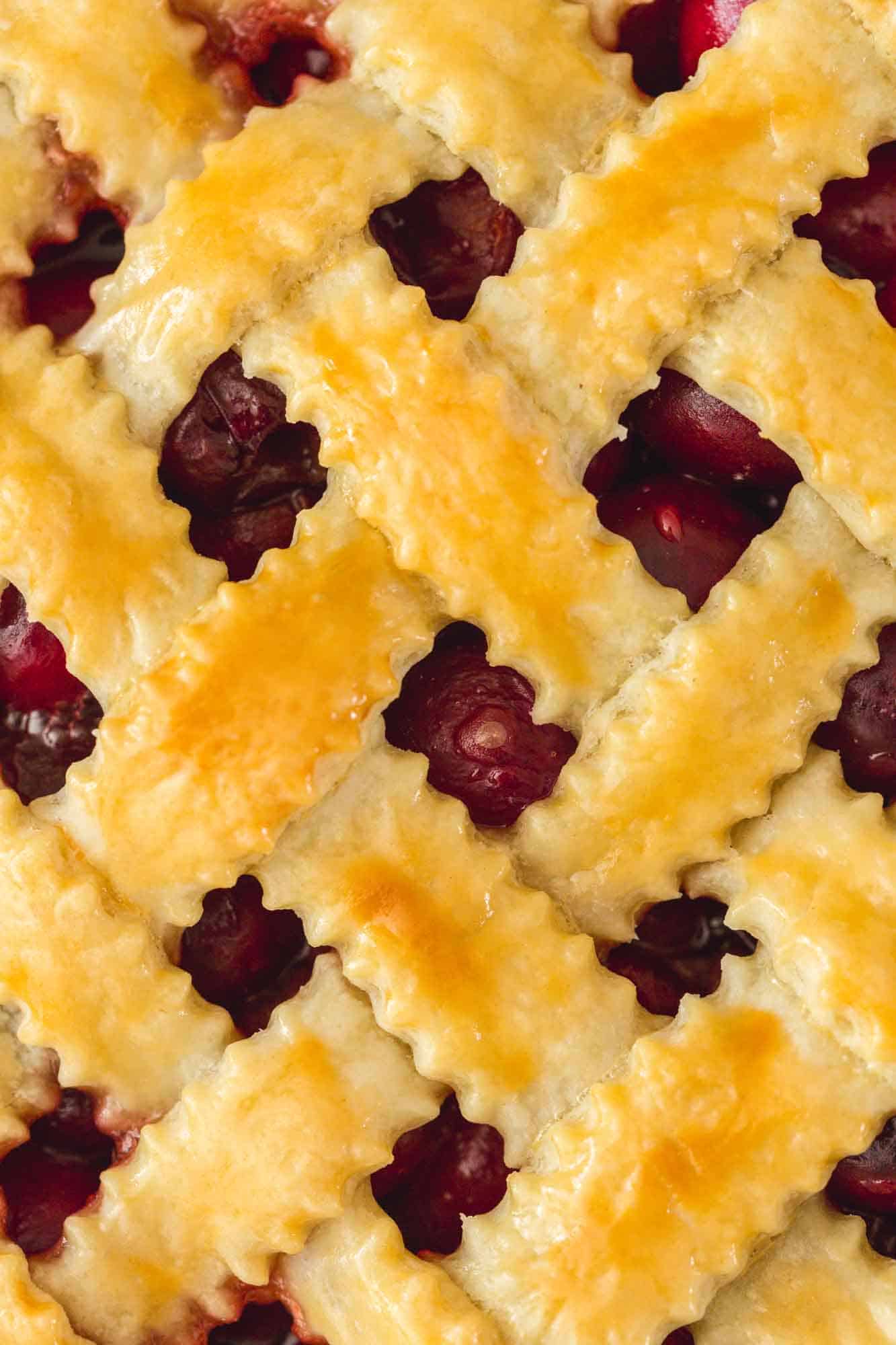 Close up shot of lattice top of a baked pie
