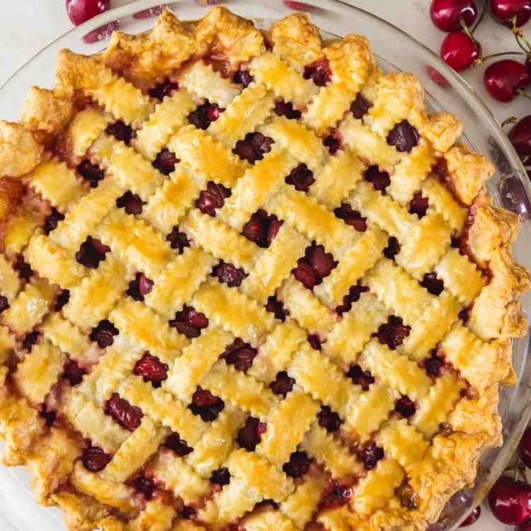 Overhead shot of cherry pie with lattice top