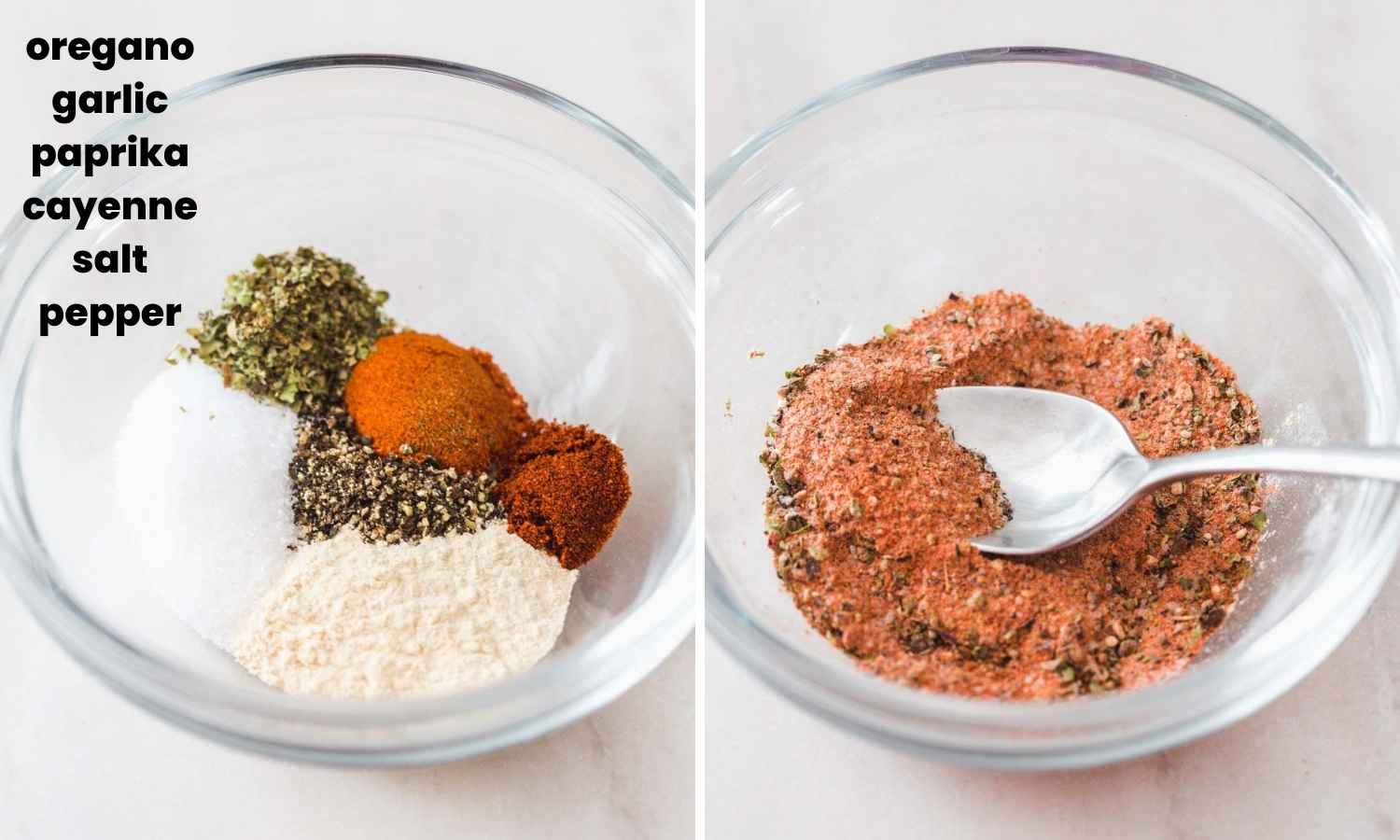 2 images with dry rub ingredients, before and after mixing.