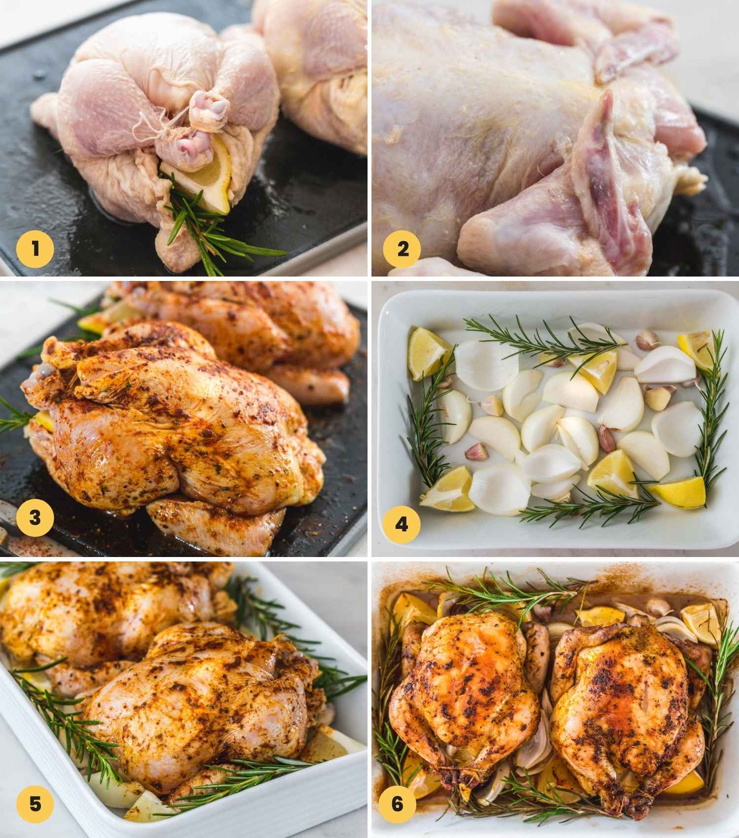 A collage with 6 images on how to prep and cook Cornish Hens