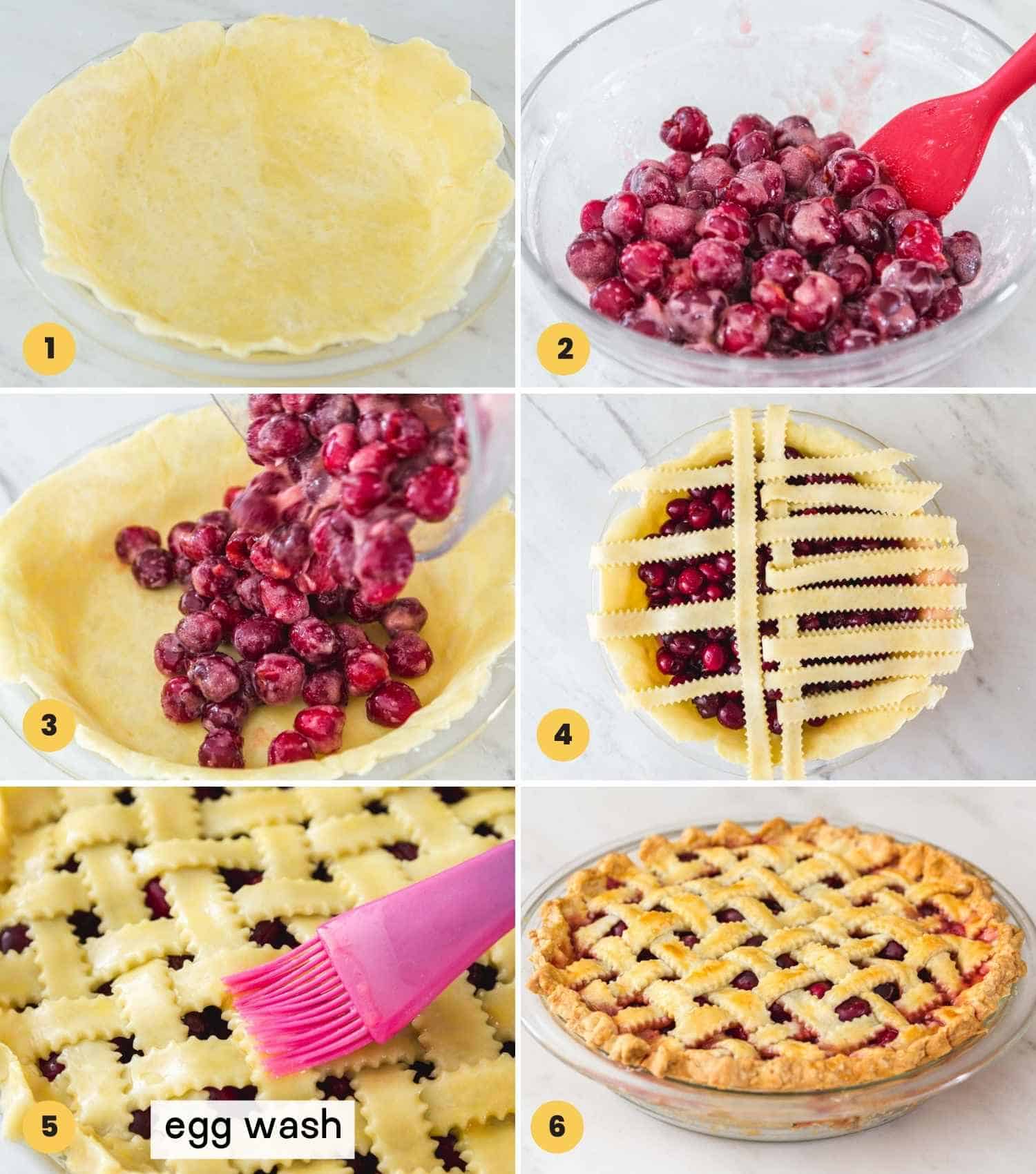 A collage with 6 images showing how to make a cherry pie