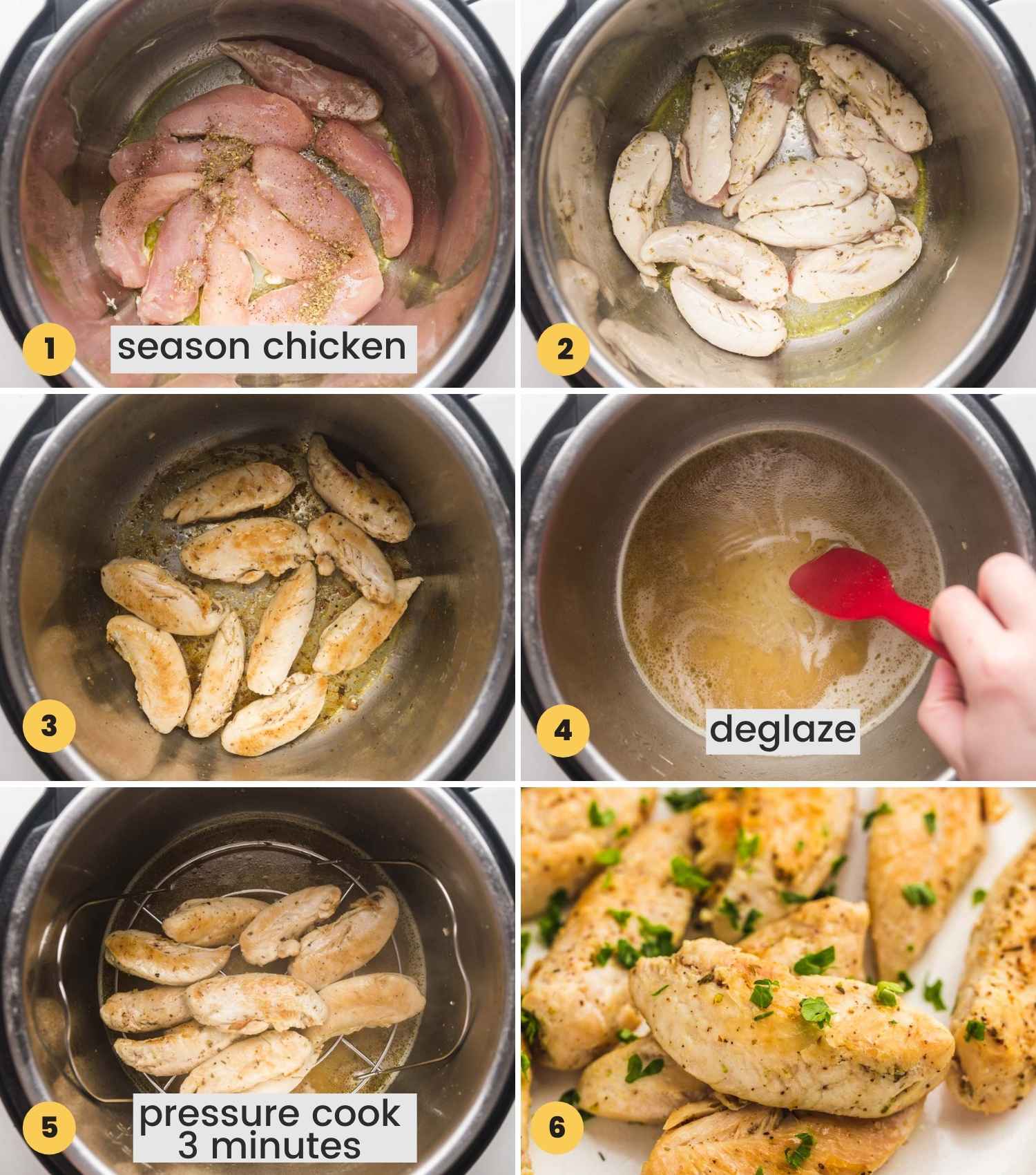 A collage with 6 images showing how to cook chicken tenders in the instant pot