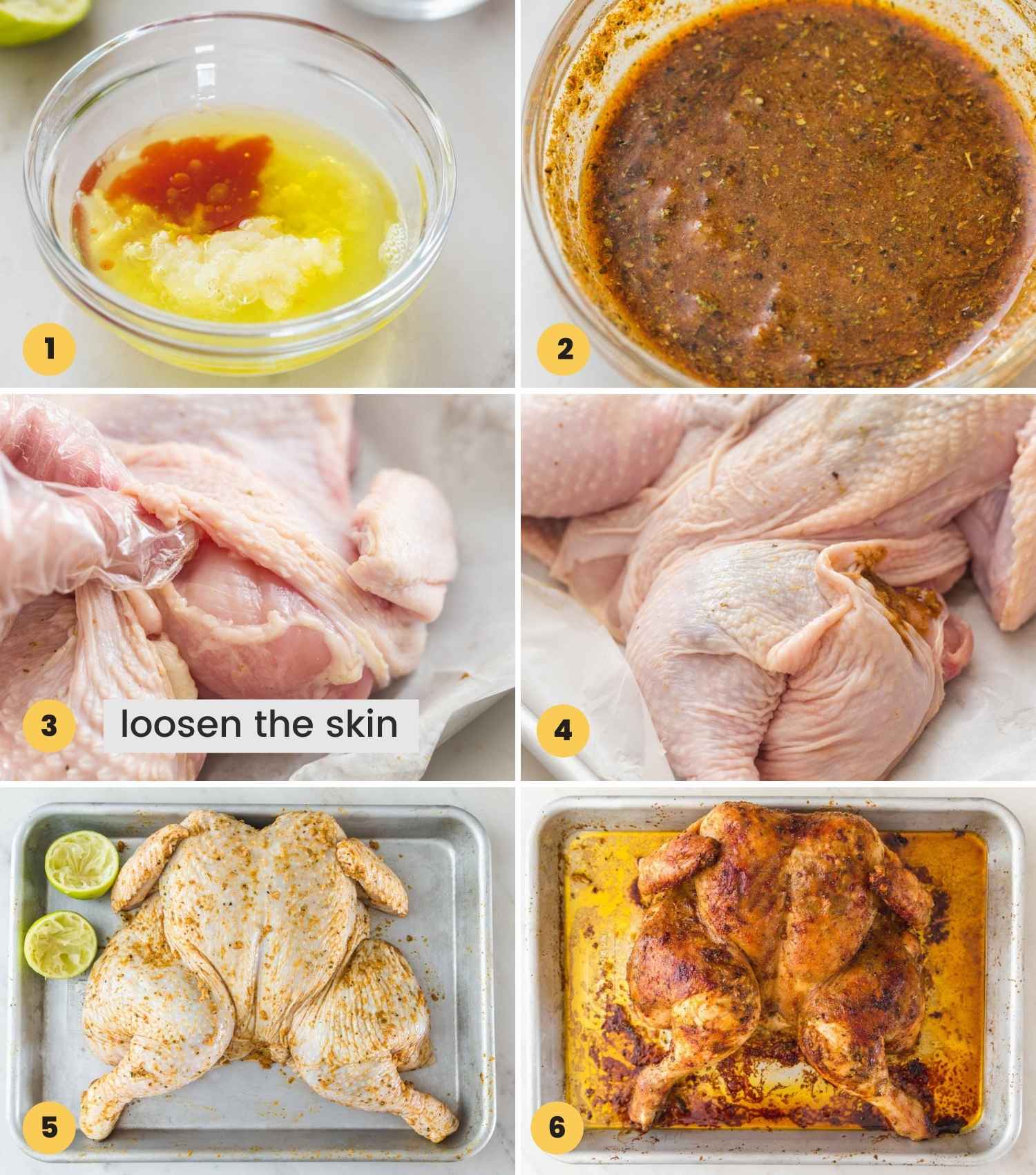 A collage with 6 images showing how to make peruvian chicken
