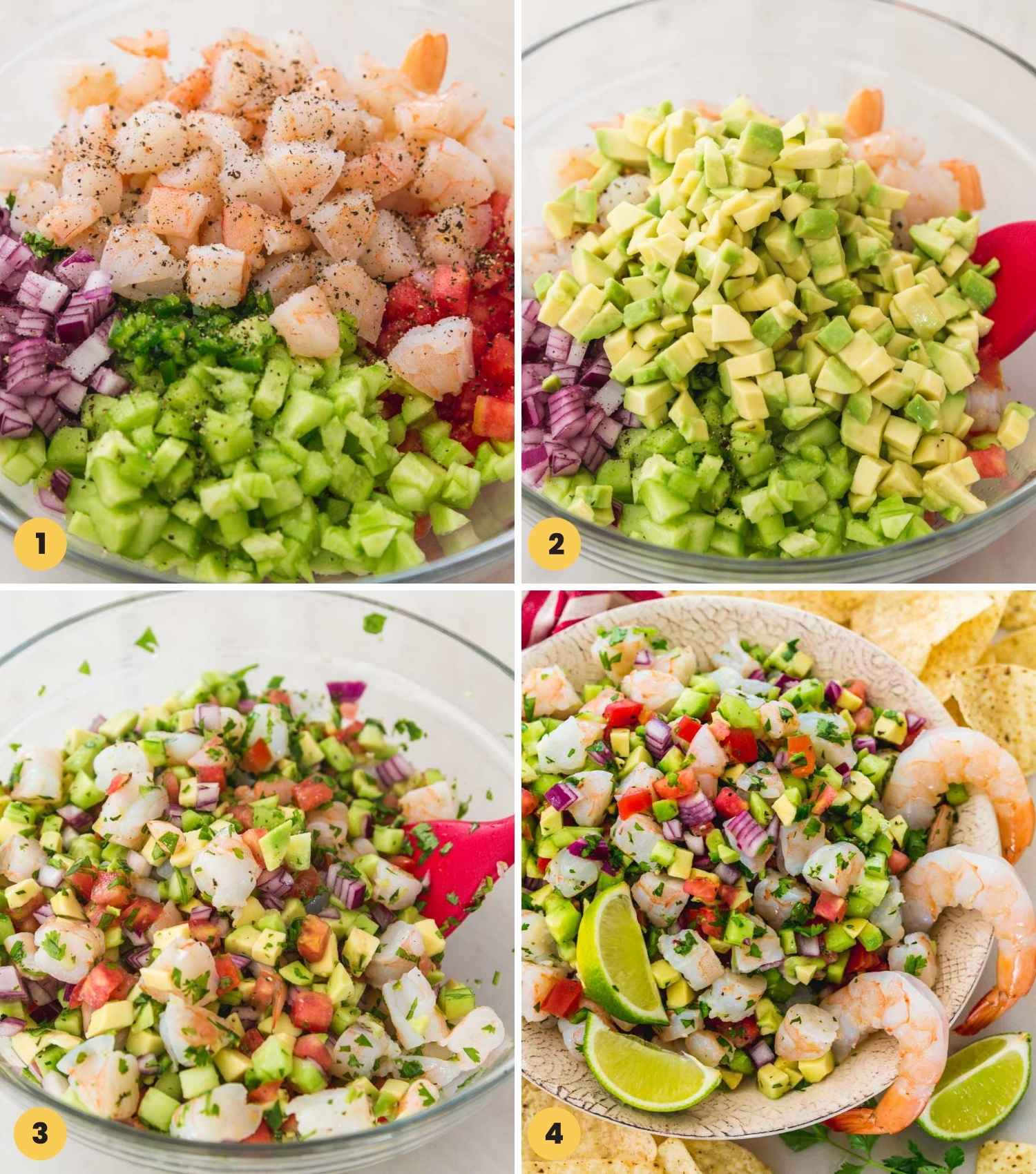 A collage with 4 images showing how to make ceviche by mixing all the ingredients together