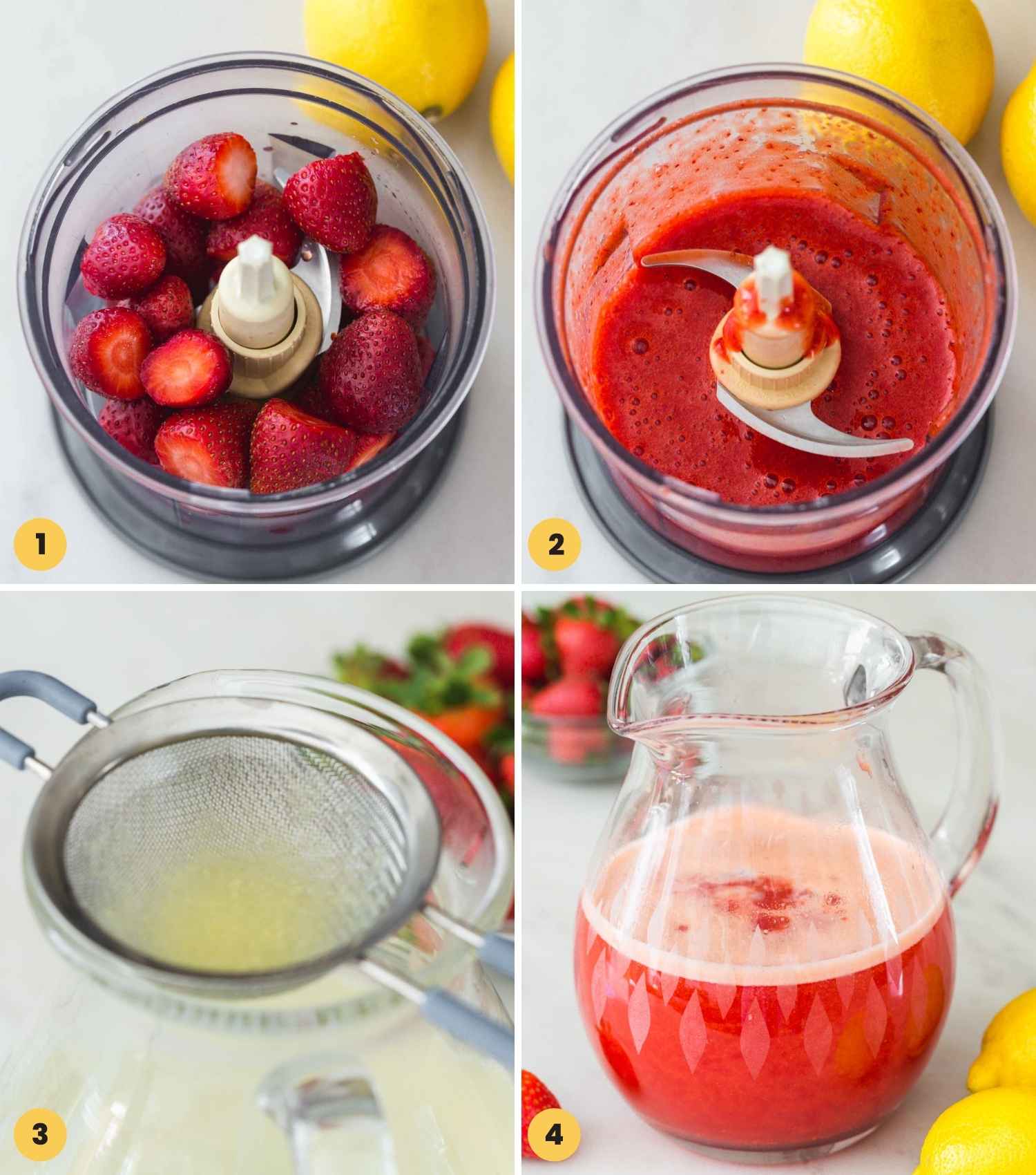 A collage with 4 images showing how to blend strawberries and make a lemonade