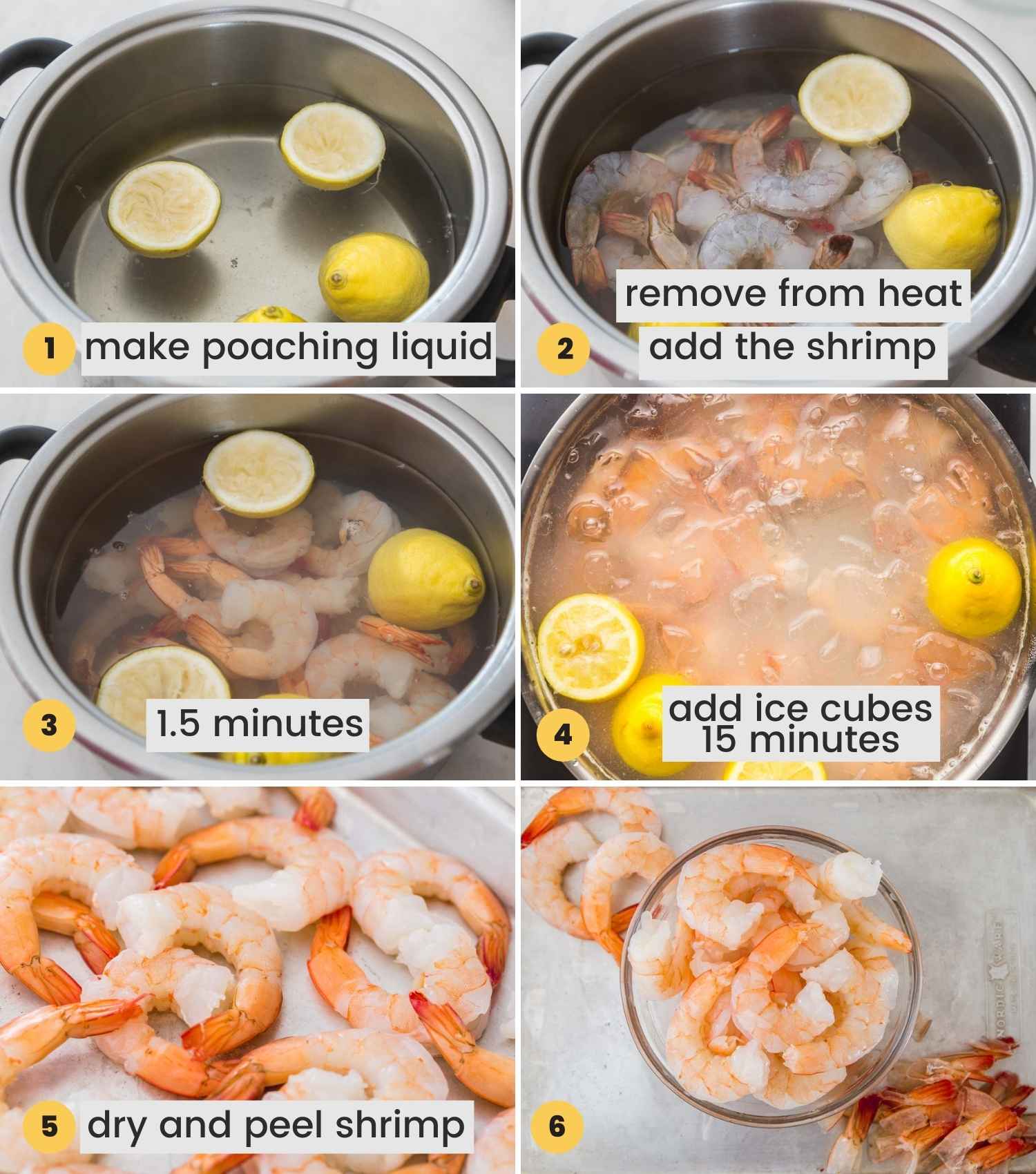 A collage with 6 images showing how to poach shrimp to make ceviche