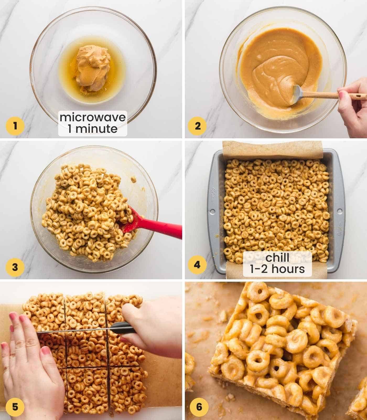 A collage with 6 images showing how to make cheerio bars