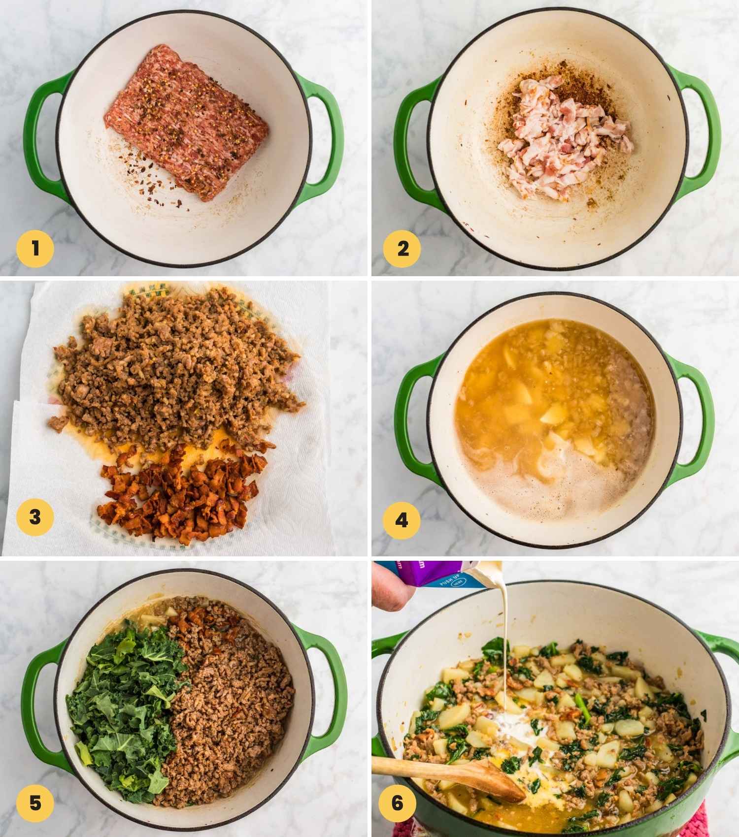 A collage with 6 images showing how to make zuppa toscana in a dutch oven