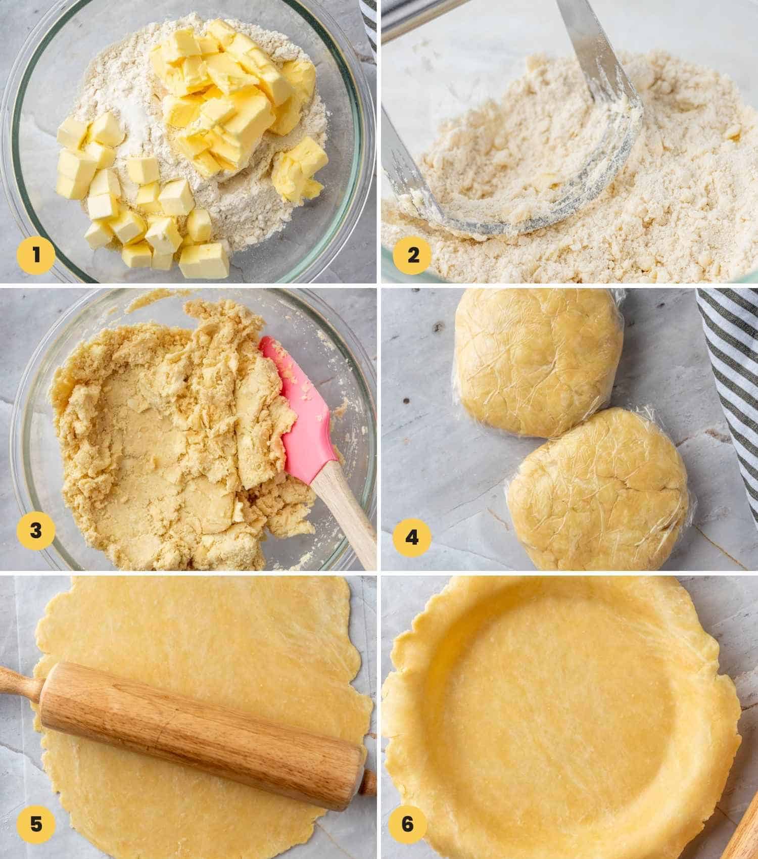 How to make pie crust, a collage with 6 images