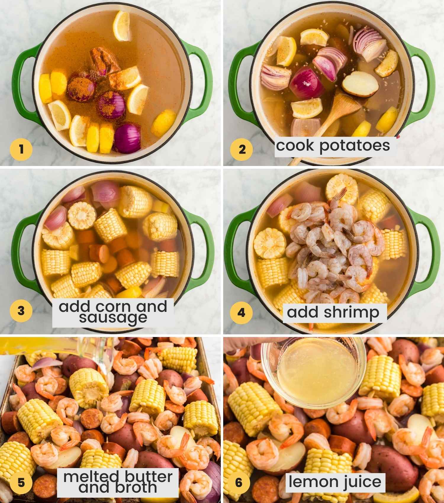 A collage with 6 images showing how to make shrimp boil in a dutch oven and season it with broth, melted butter and lemon juice before serving.