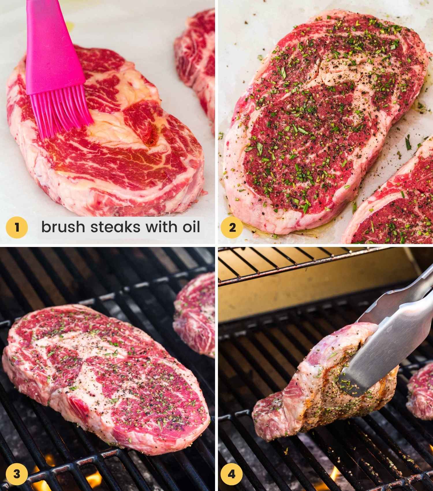 A collage with 4 images showing how to season and grill steak
