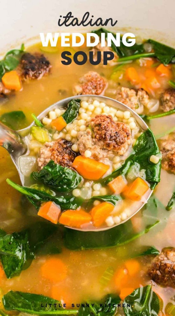 Ladle with Italian wedding soup and meatballs, and overlay text "Italian Wedding Soup"