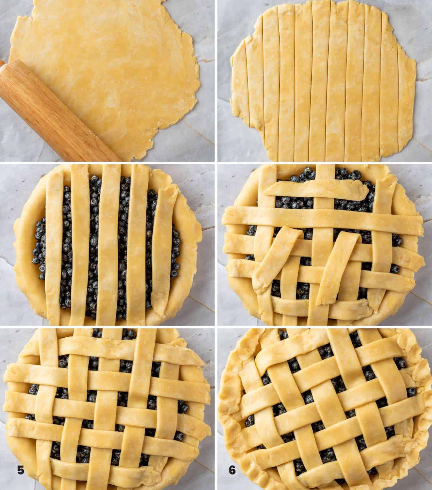 collage with 6 images how to lattice blueberry pie