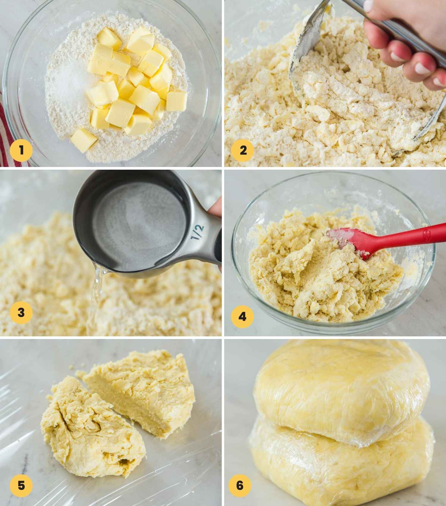 Collage showing how to make pie pastry and chill it