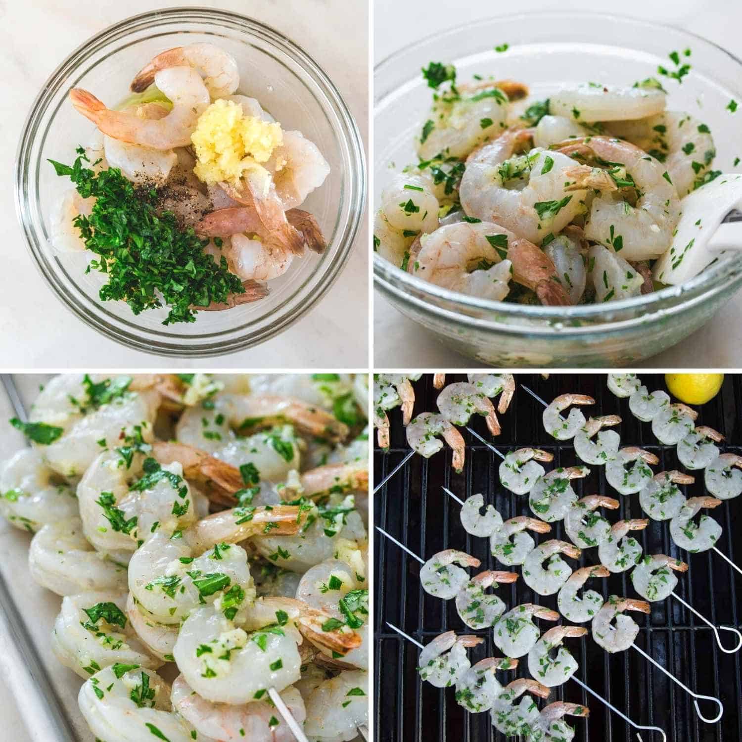 Collage with 4 images showing how to marinate and thread shrimp on skewers, and put them on the grill