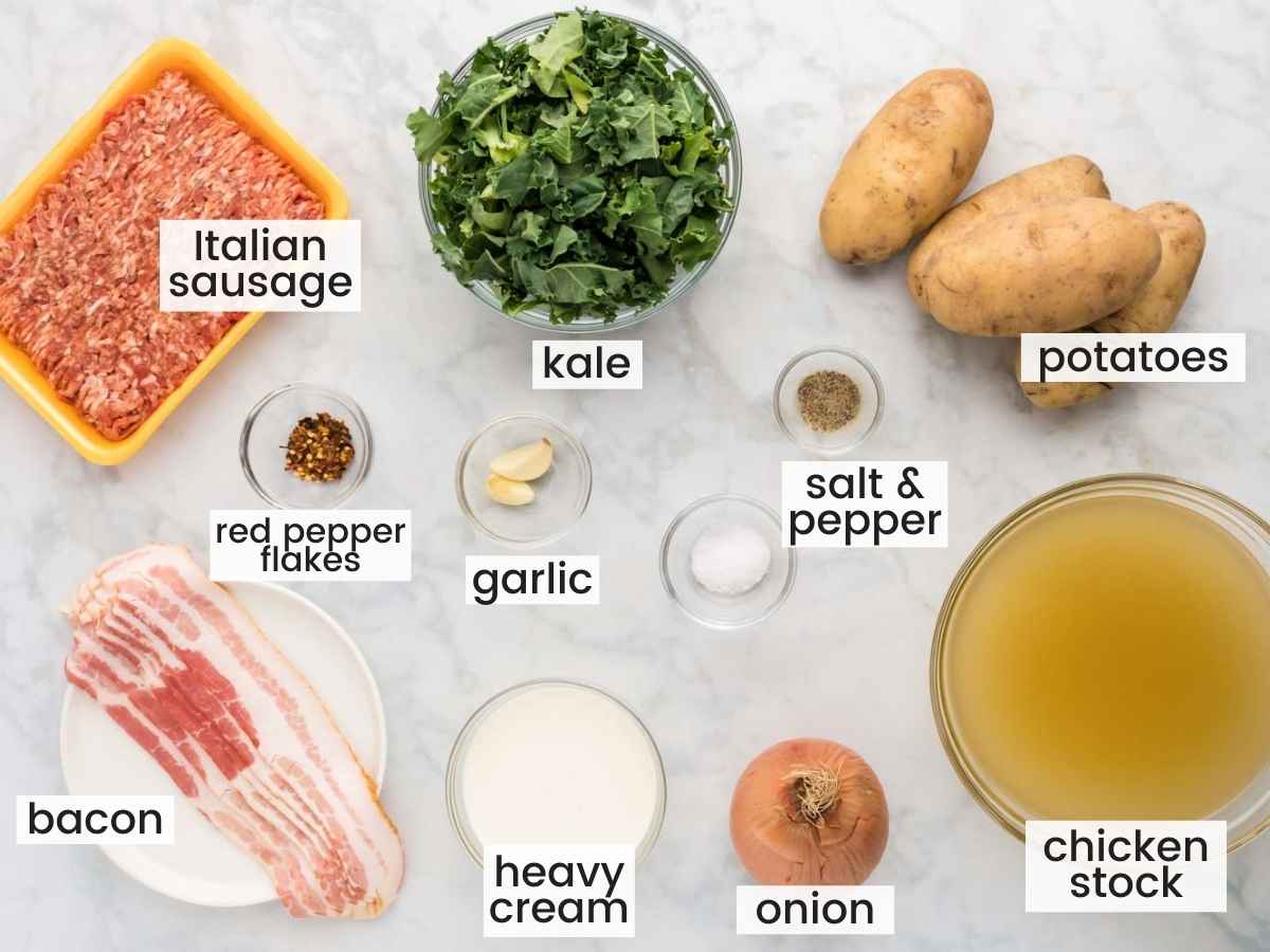 Ingredients needed to zuppa toscana including italian sausage, kale, bacon, potatoes, chicken stock, onion, heavy cream, and seasonings.