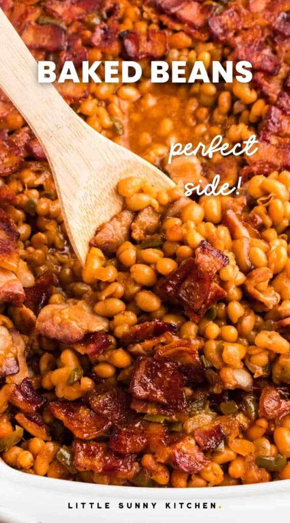 Baked Beans and a wooden spoon, with overlay text "baked beans - perfect side!.