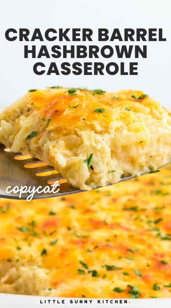 Casserole with overlay text "Cracker Barrel Hashbrown Casserole"