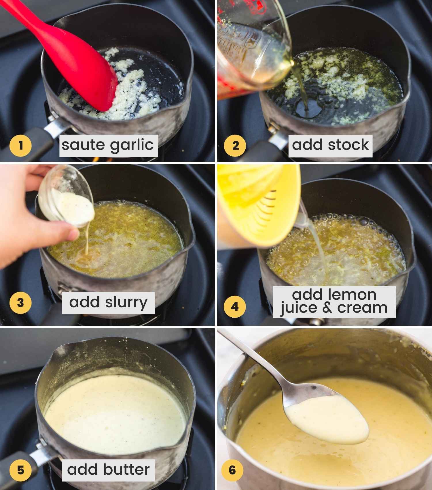 A collage with 6 images showing how to make piccata sauce