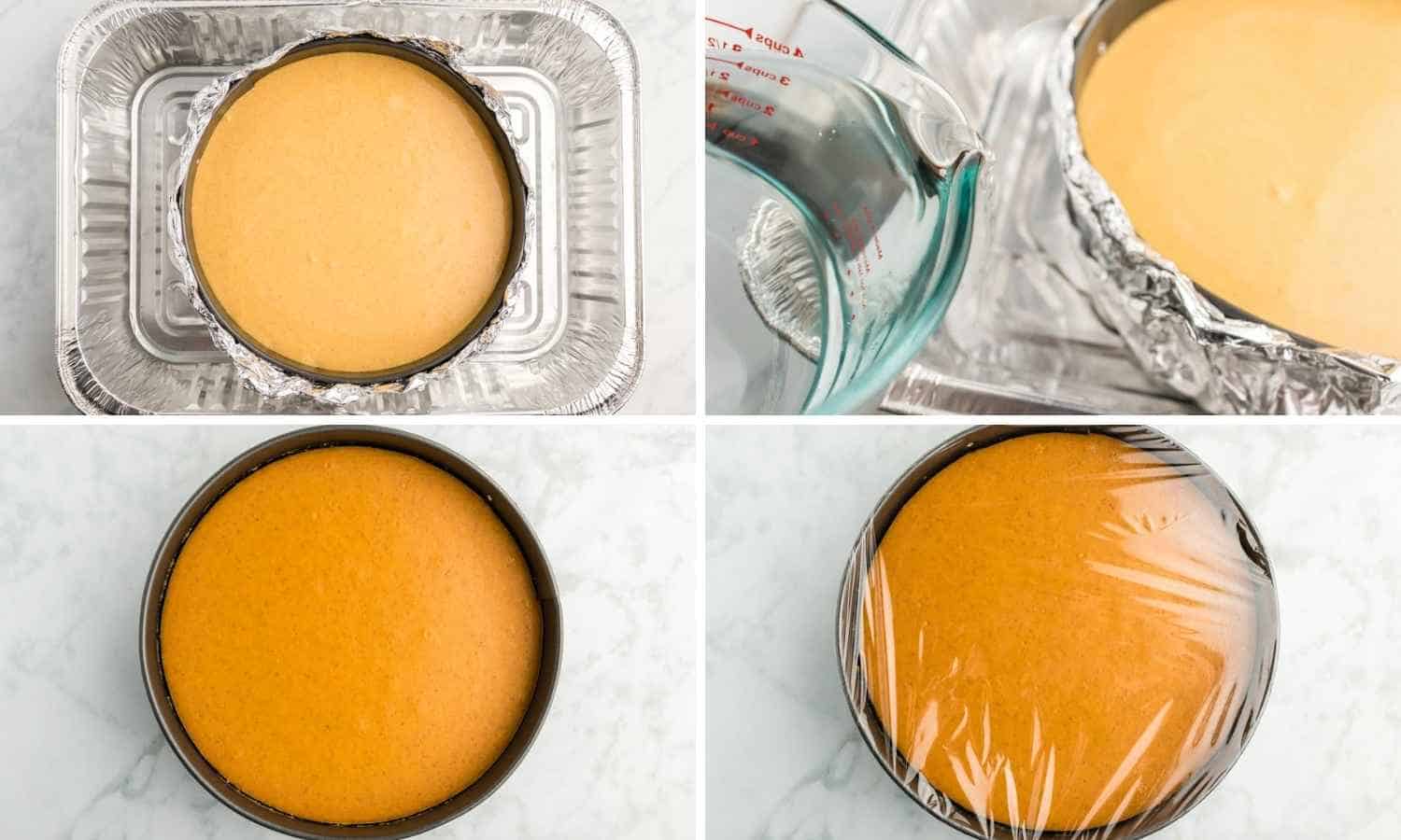 A collage with four images showing how to prep the cheesecake for baking