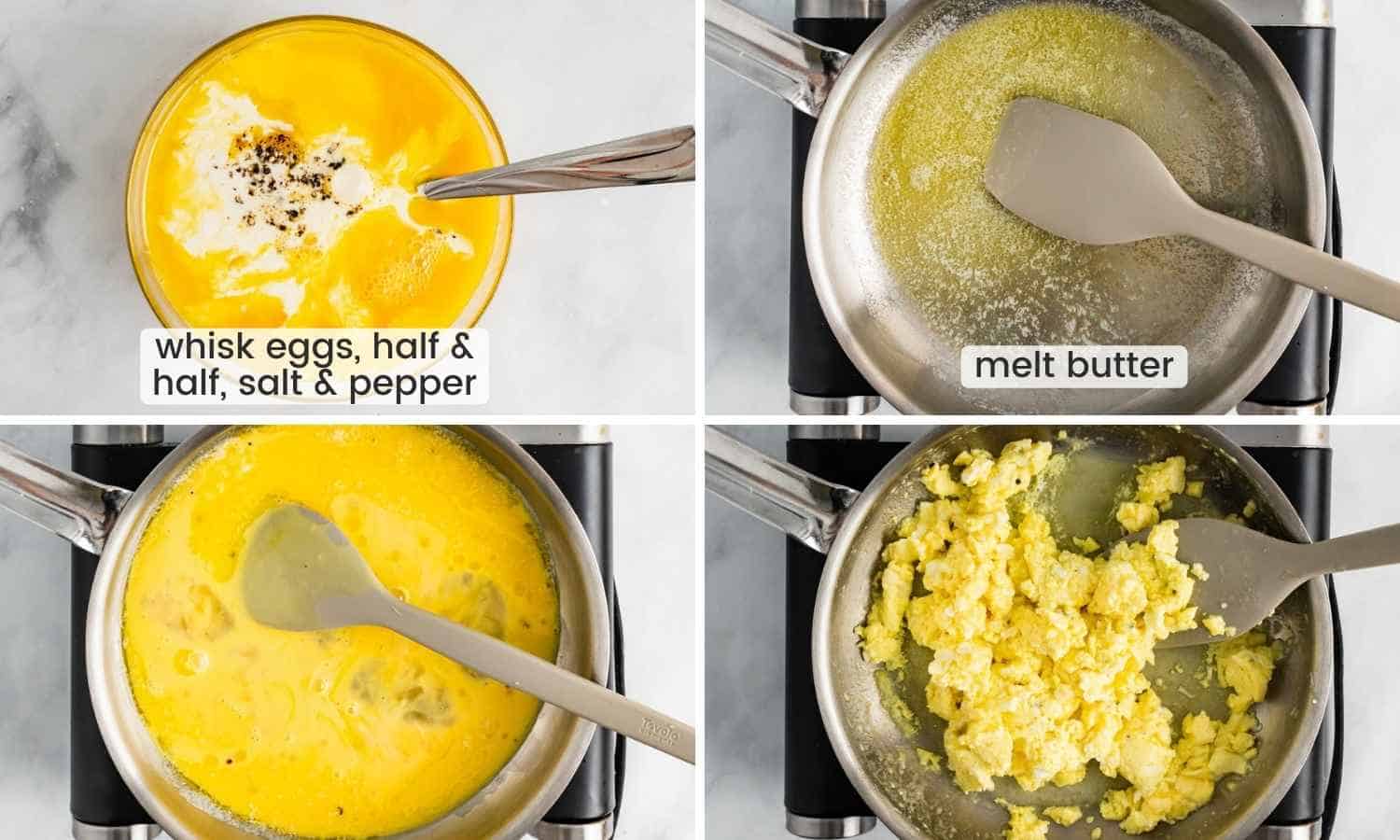 Collage with four images showing how to cook scrambled eggs