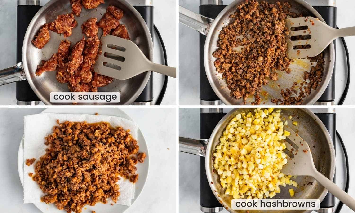 Collage with four images showing how to cook sausage and hashbrowns in a pan