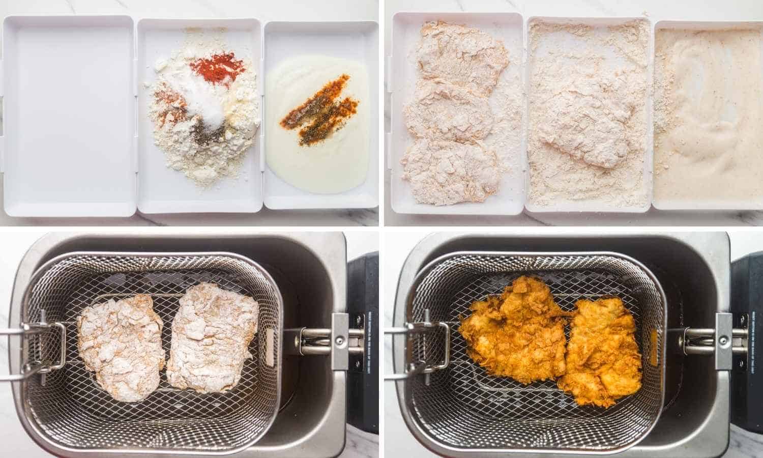 Collage with four images showing how to bread and fry popeyes chicken