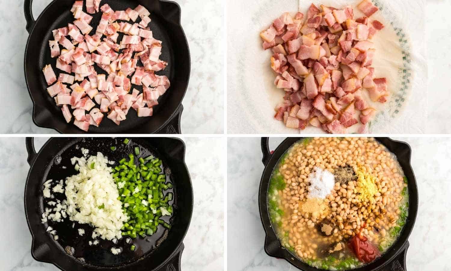 A collage of four images showing how to fry bacon, saute the vegetables and add the beans, and seasonings to the mixture.