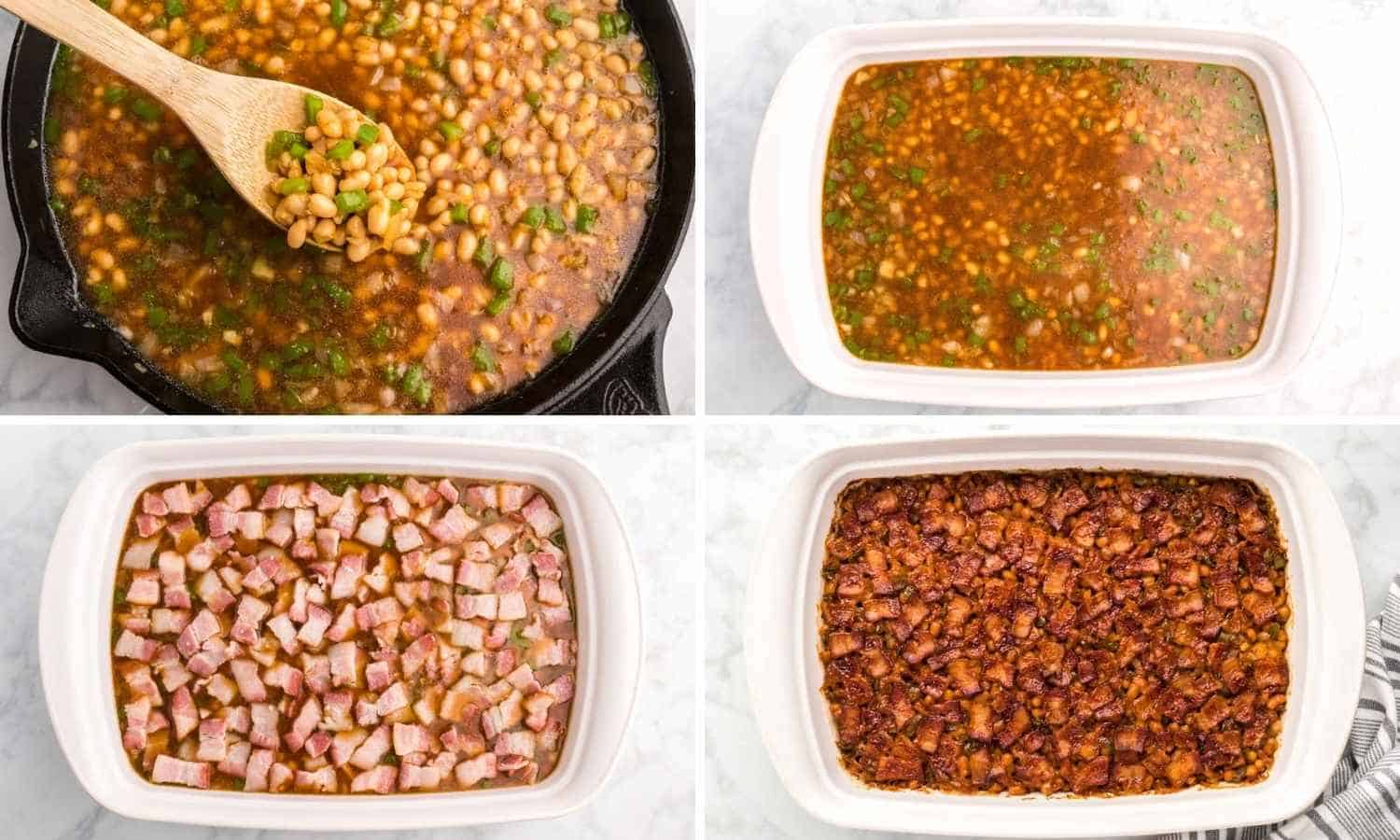 A collage of four images showing how to add baked beans mixture to a baking dish, top it with bacon, and bake it.