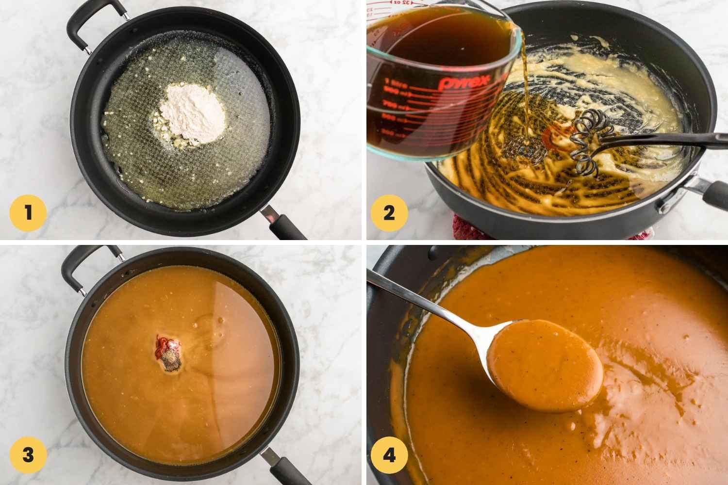 How to make brown gravy recipe shown in a collage with 4 images