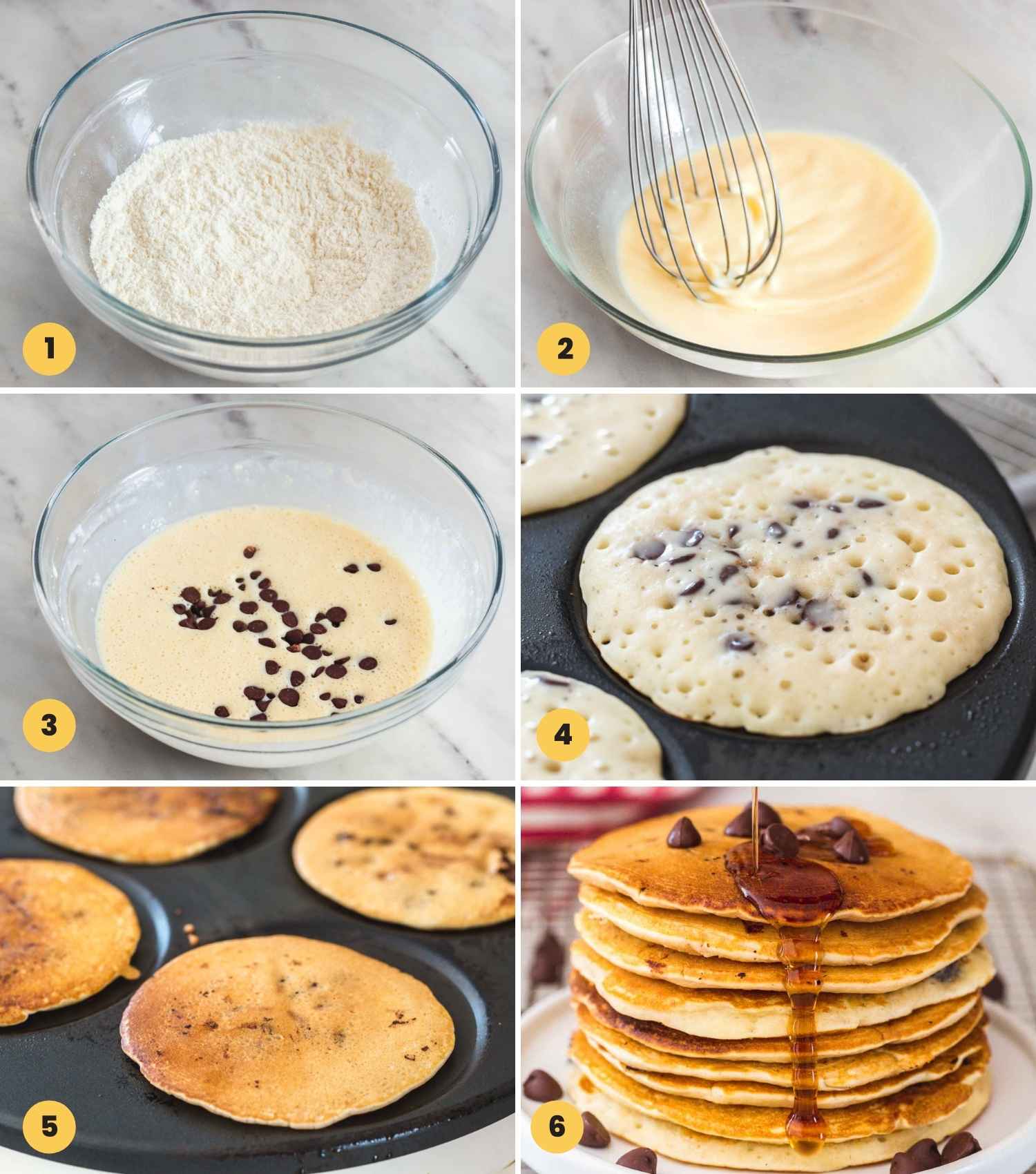 A collage with six images showing how to make chocolate chip pancakes