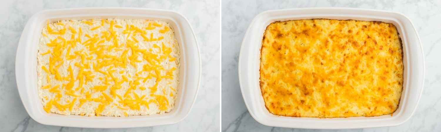 Two images showing how to bake a cheesy potato casserole