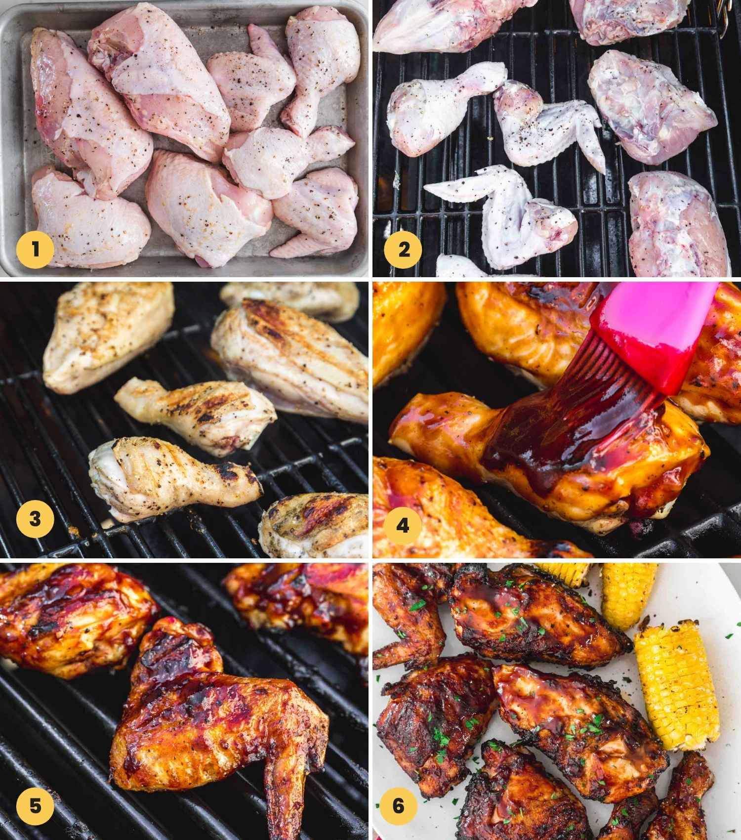 A collage with six images showing how to make grilled BBQ chicken, from seasoning, to grilling, to apply BBQ sauce.