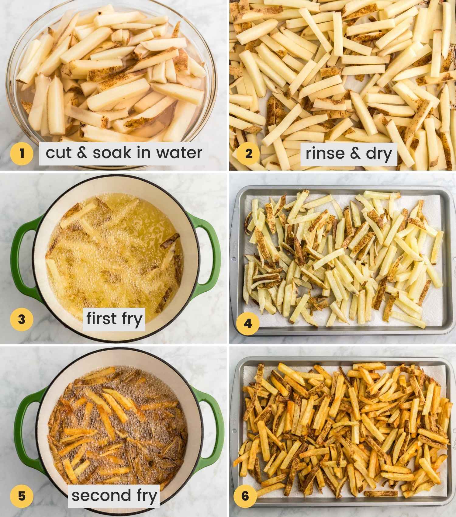 A collage with six images showing how to make homemade crispy french fries