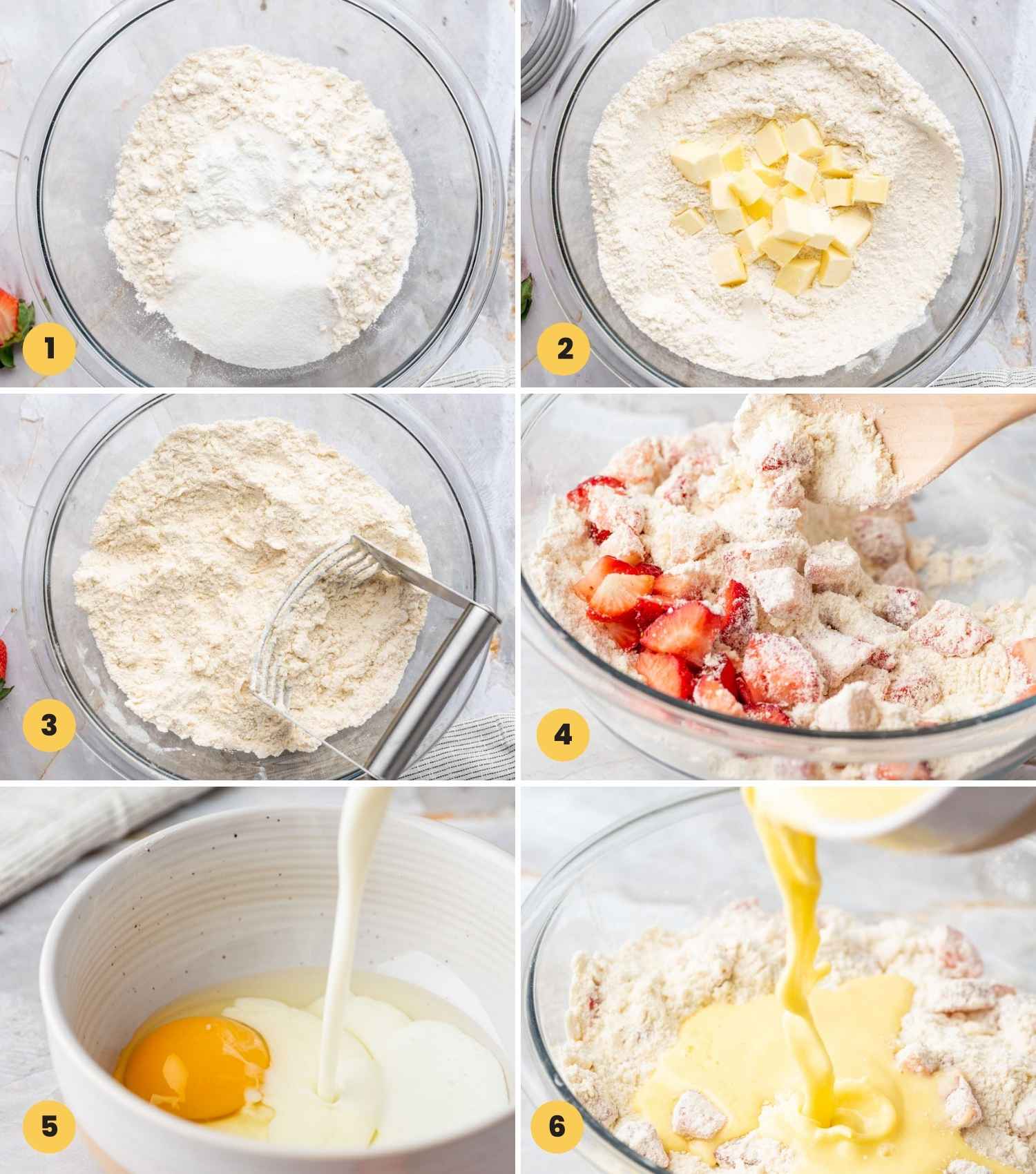 A collage with 6 images showing how to make strawberry scones from scratch