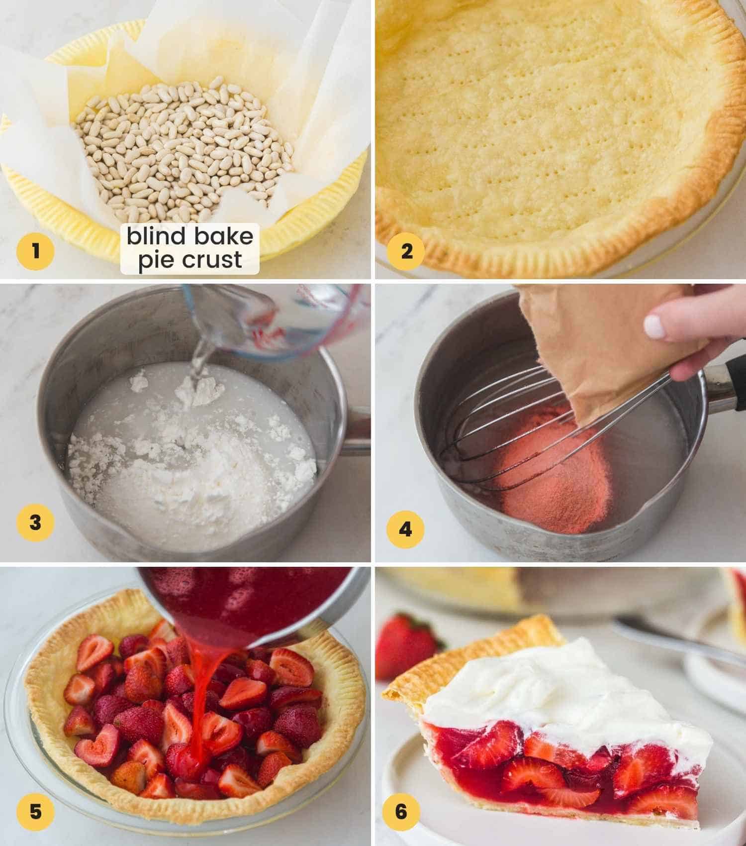 Collage with four images showing how to make strawberry pie by blind baking the pie crust, then making the filling.