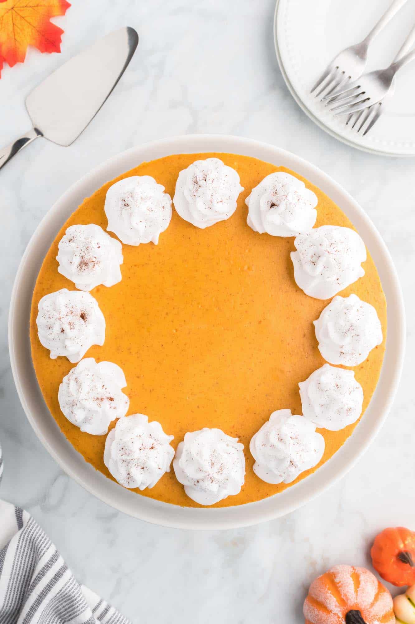 Overhead shot of pumpkin cheesecake decorated with whipped cream