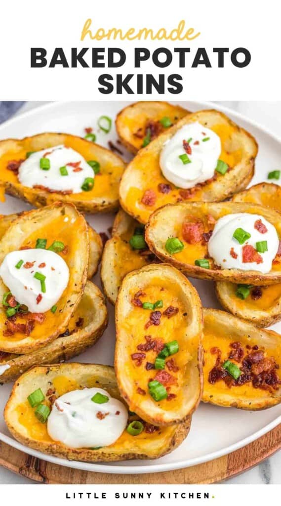 Baked potato skins served on a large white plate, and overlay text that reads "homemade baked potato skins"