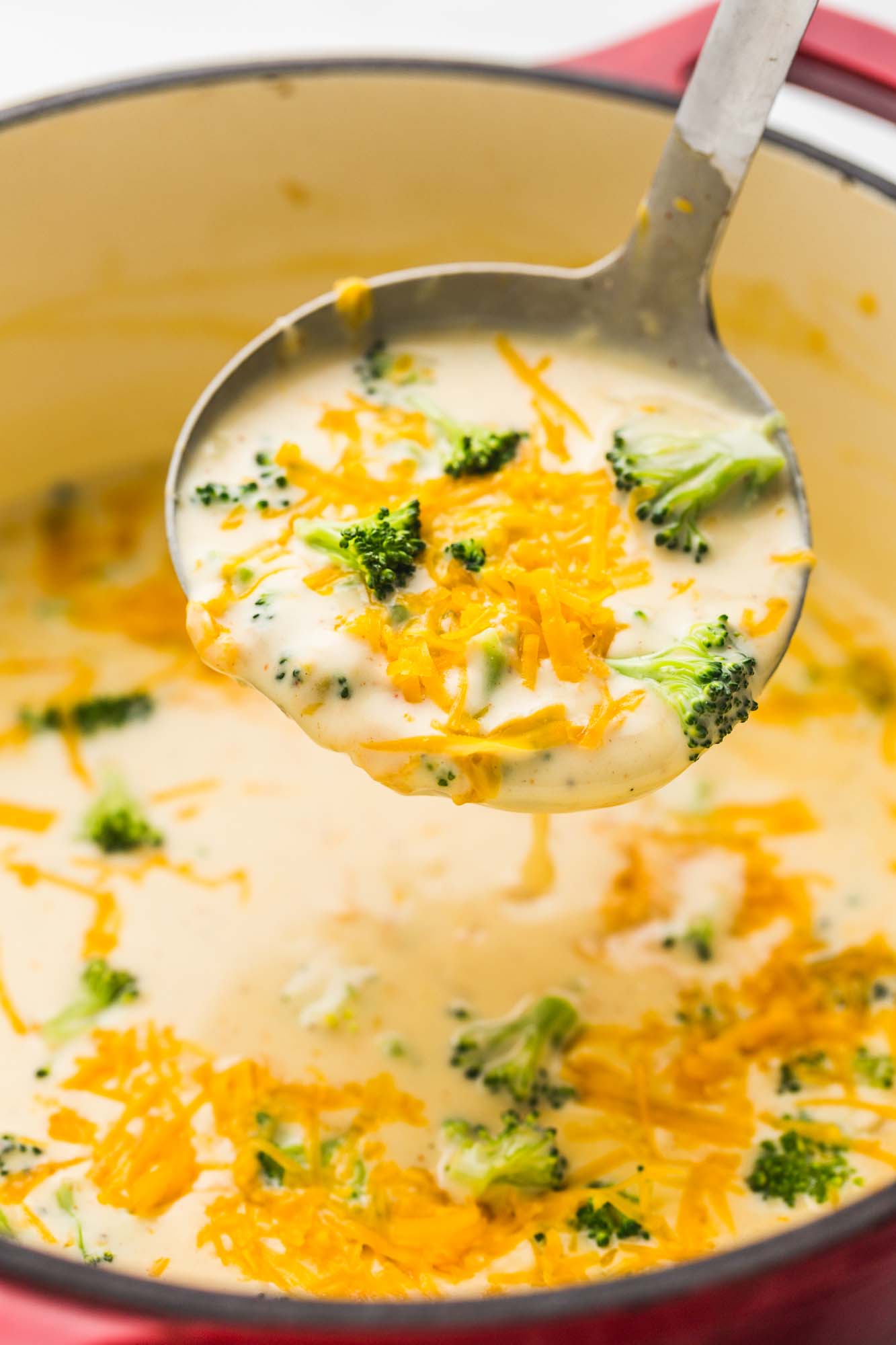 A ladle with soup over the dutch oven full with soup