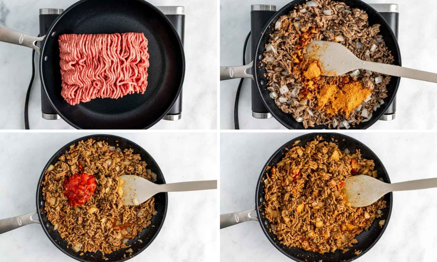 Collage of four images showing how to make taco ring filling