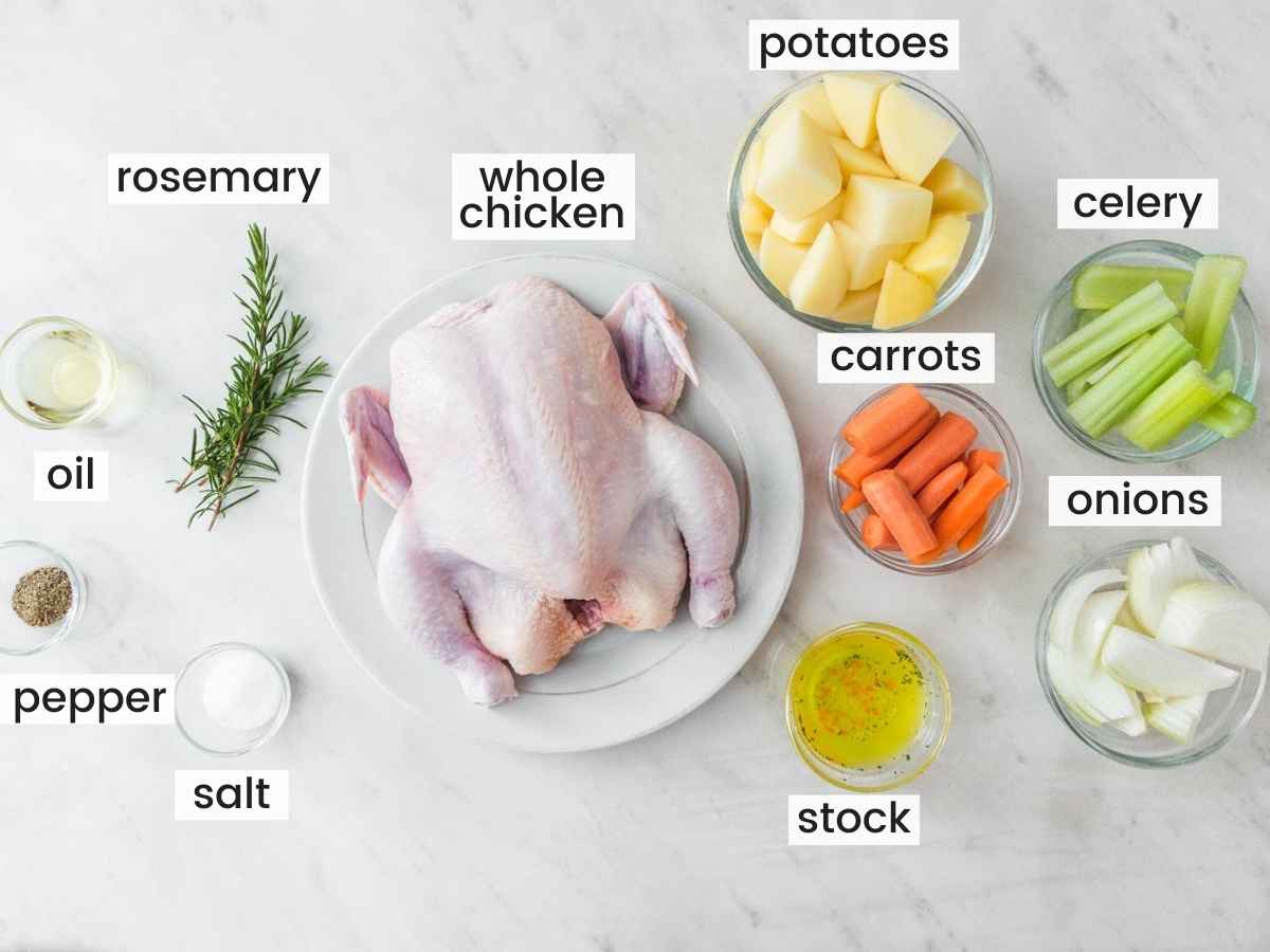 Ingredients needed to cook a whole chicken in the dutch oven including a whole chicken, vegetables, and seasonings.