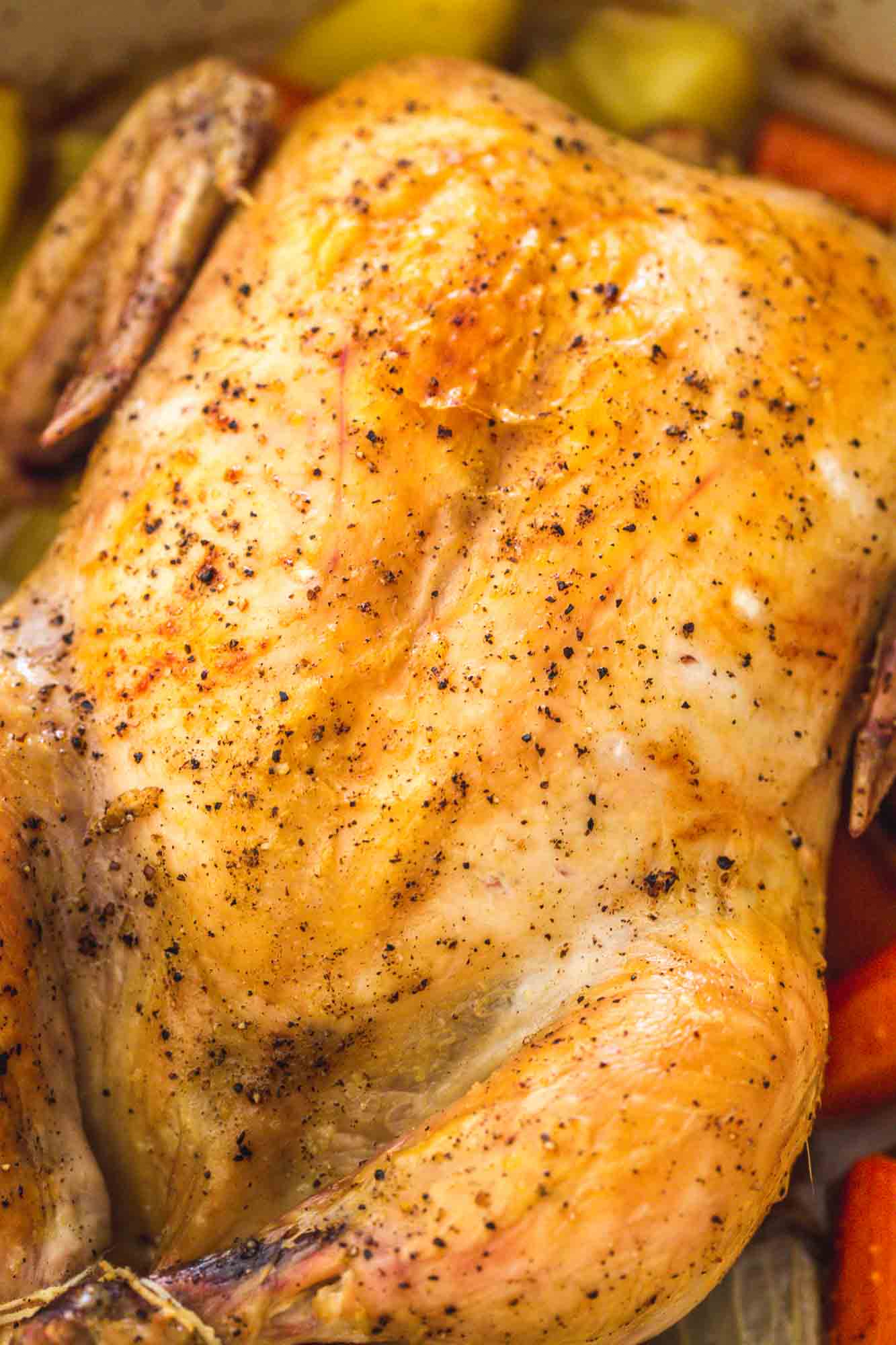 Close up shot of a roast chicken with crispy skin