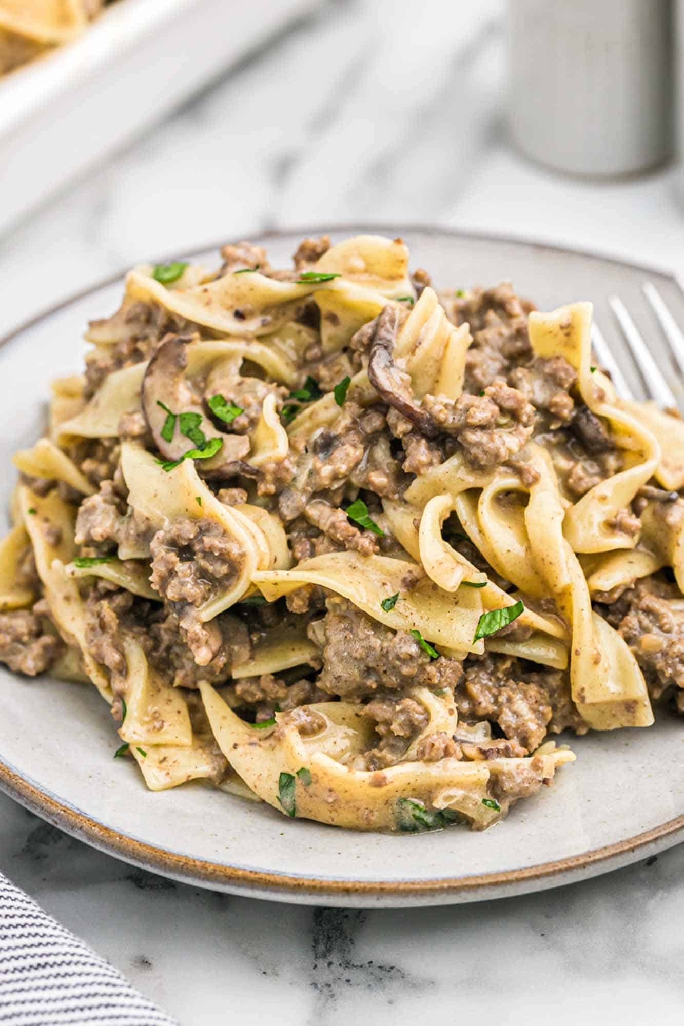 Plated portion of ground beef stroganoff