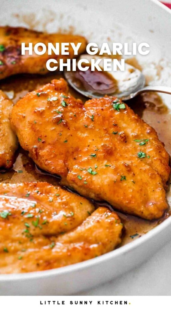 Honey garlic chicken cutlets in a pan, and overlay text that reads "honey garlic chicken"
