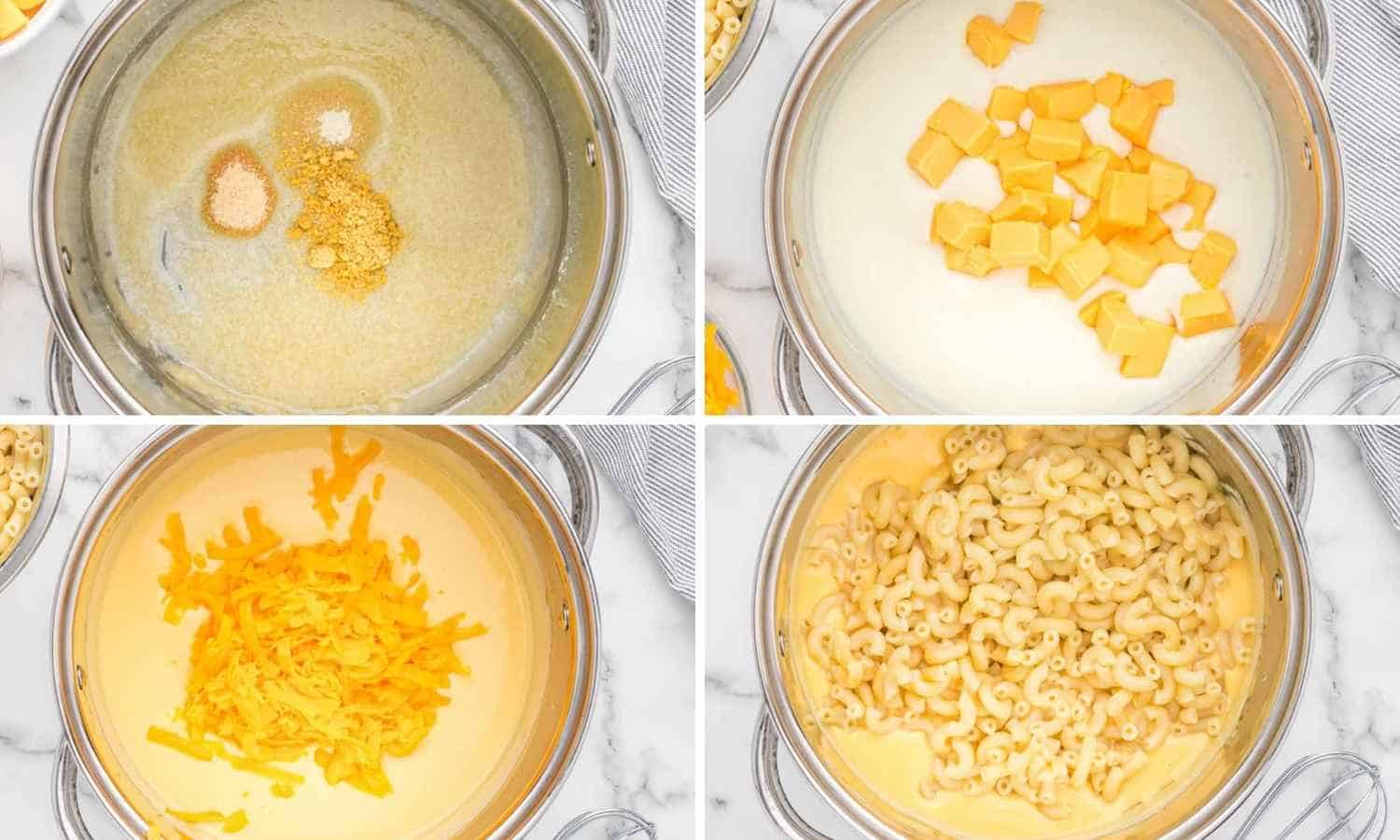 Collage of four images showing how to make mac and cheese with velveeta cheese.