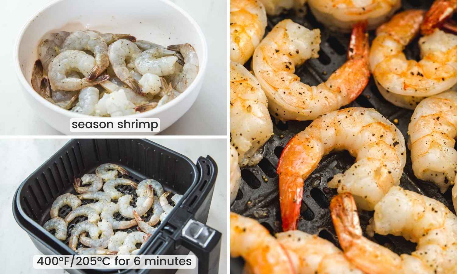 Collage with three images showing how to season and air fry shrimp